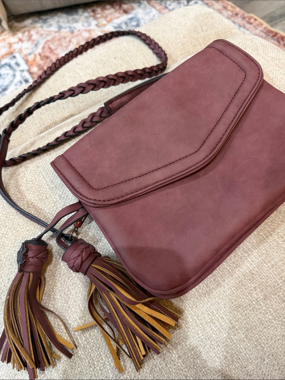 Women's Burgundy Crossbody Bag with Tassels
